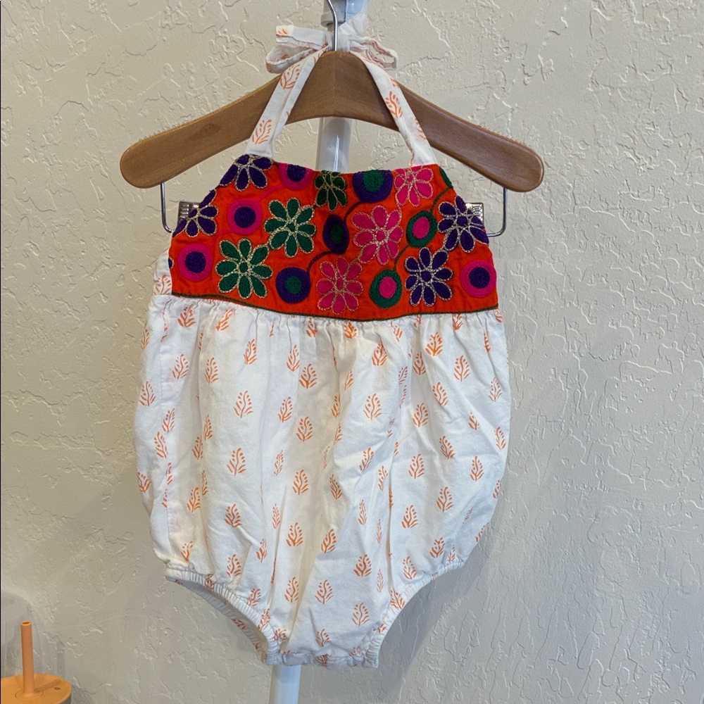 Embroidered Floral Halter Baby One-Piece Romper - White & Red